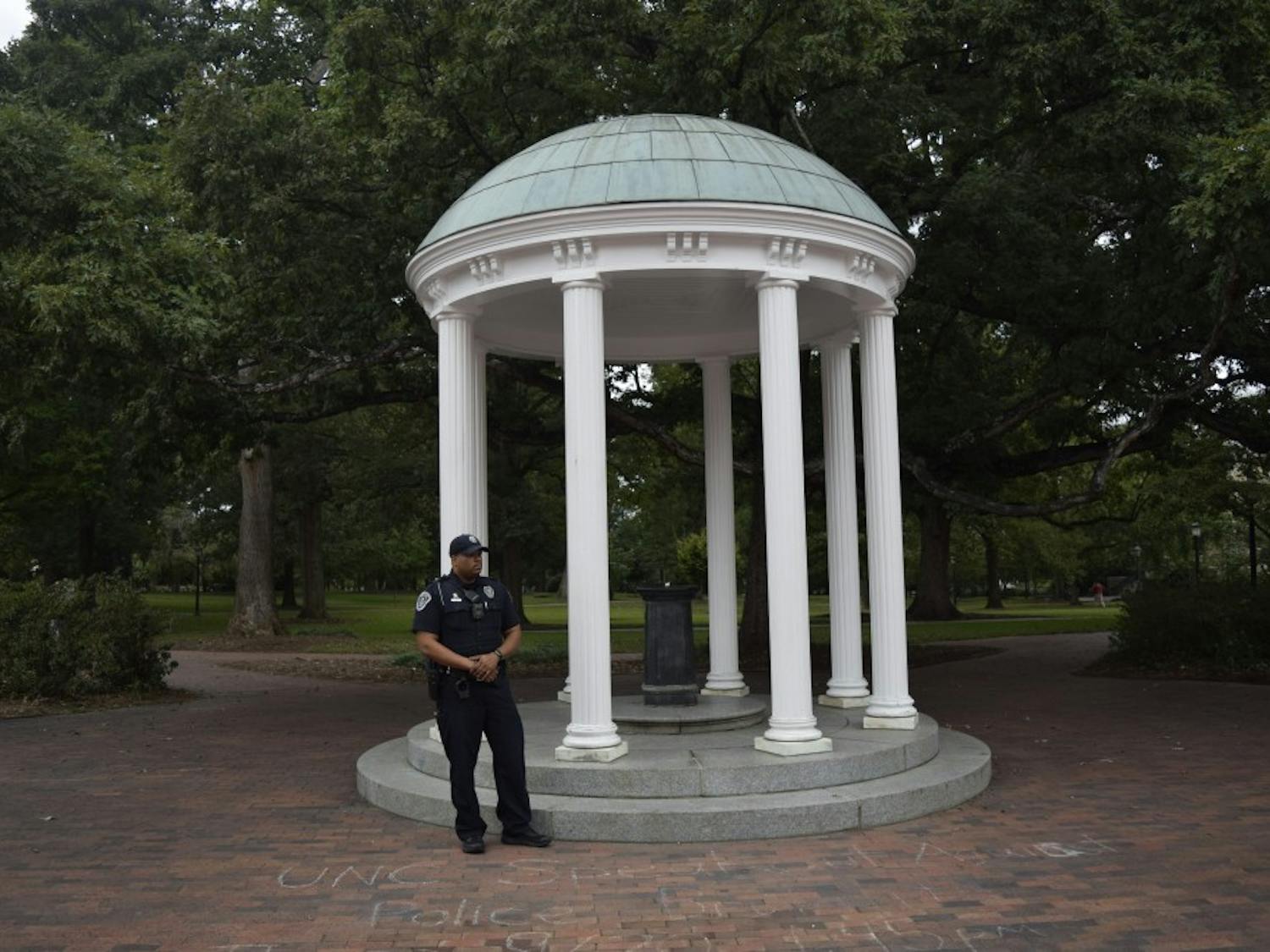 Patrol Officer Jamison McKire monitoring near McCorkle Place Tuesday, Sept. 25.