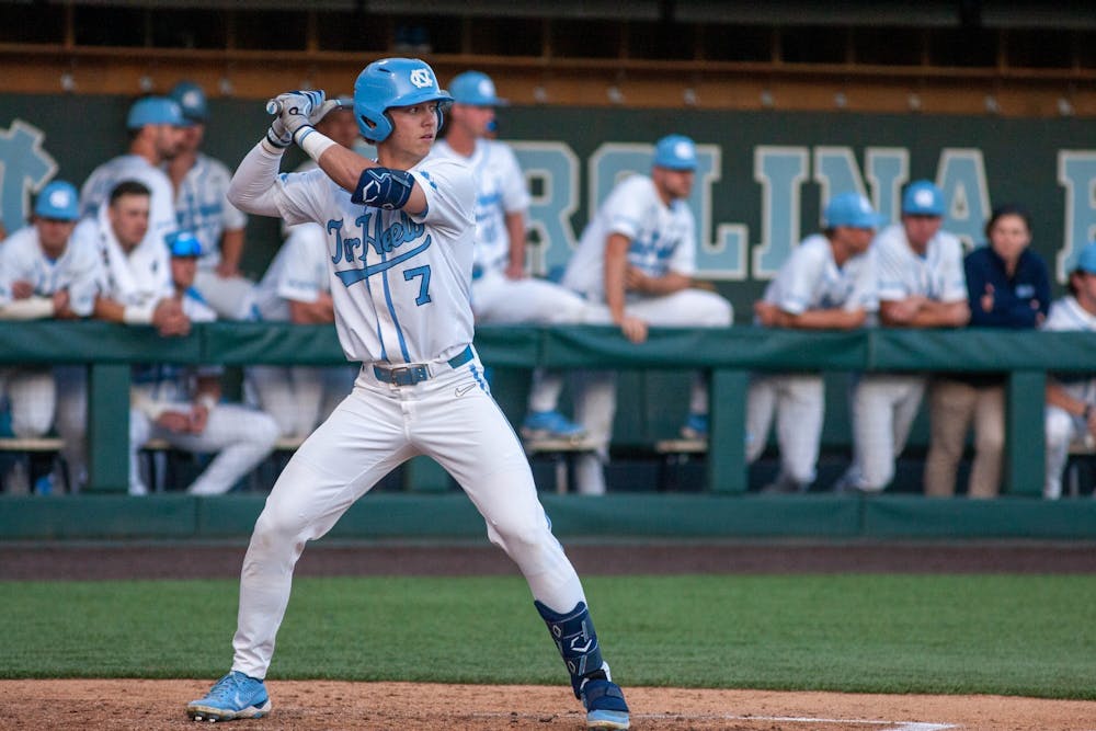 <p>UNC freshman outfielder Vance Honeycutt steps up to bat in a game against Virginia Tech on Friday, April 1, 2022. UNC lost 12-1.</p>