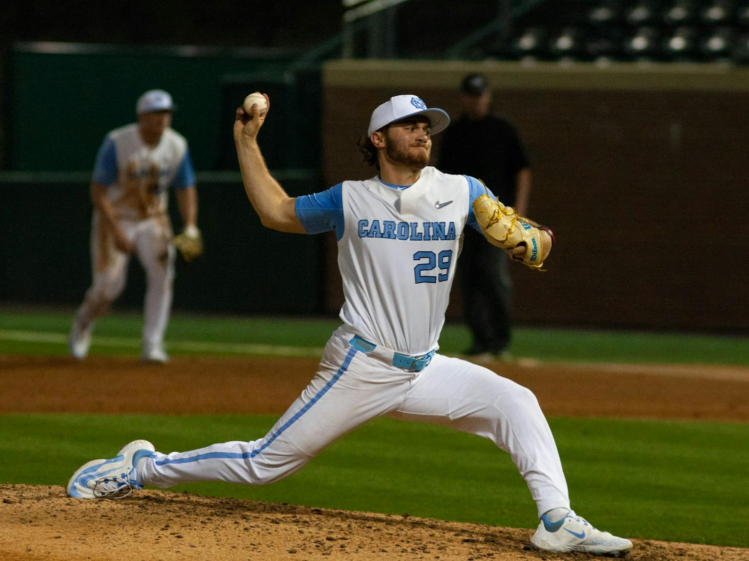UNC graduate Kevin Eaise pitches for the Tar Heels in their 10-0 victory over Longwood on Wednesday, Feb, 22, at the Boshamer Stadium.