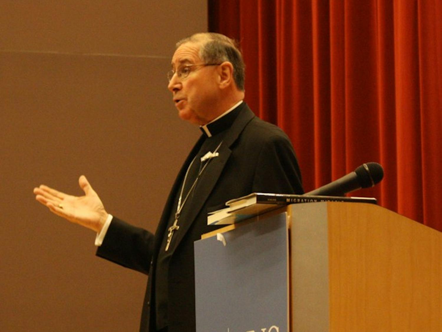 Cardinal Roger Mahony speaks on immigration reform in FedEx Global Center at 5:30 PM on February 2, 2011. Mahony's speech touched on an array of economic, legal, and social issues capitalizing on that immigration is a moral issue. Mahony's speech rich with biblical references to draw connections between the framework that governs immigration and that of the Catholic Church.