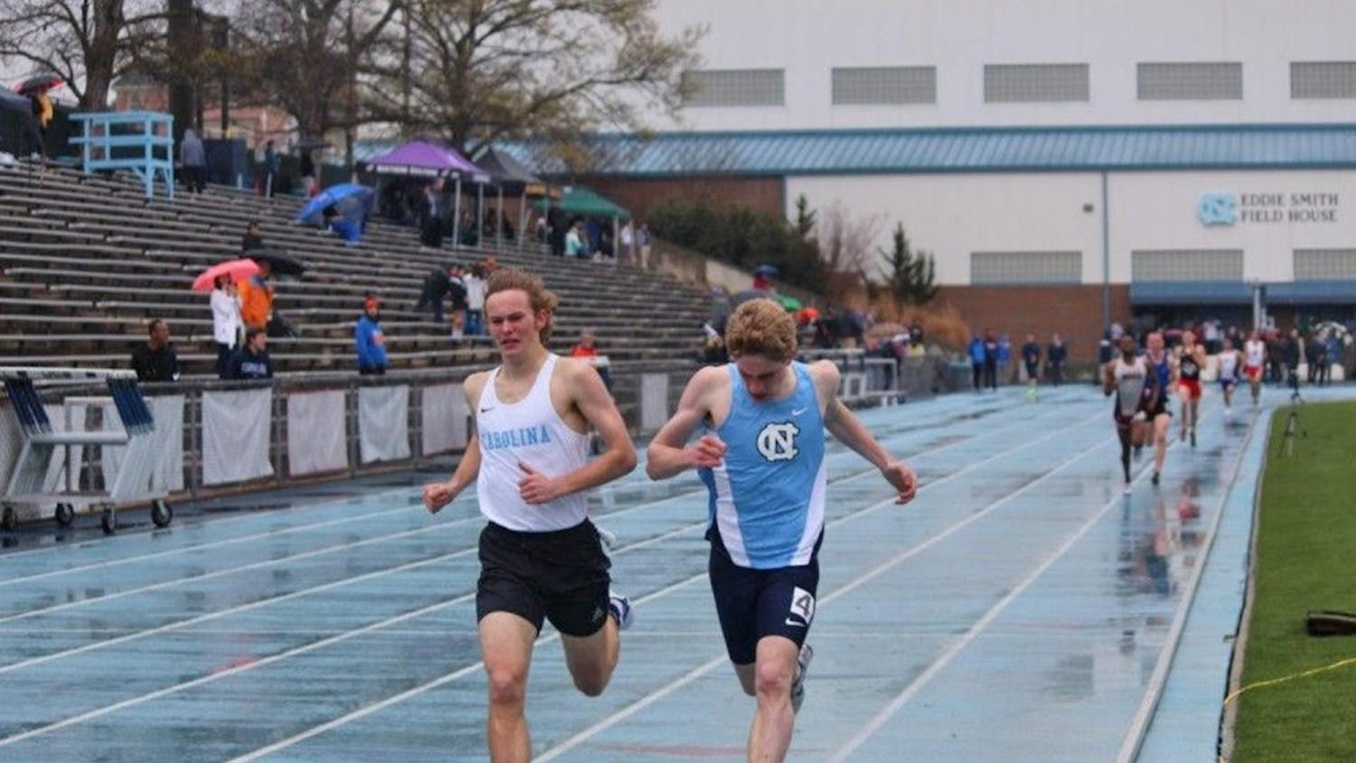 First-year Noah Shore (right) of UNC out leaned fellow first-year Samuel Goldstein of UNC-Club in the mile with a winning time of 4:27.93. Photo courtesy of Tommy Delaunay.&nbsp;