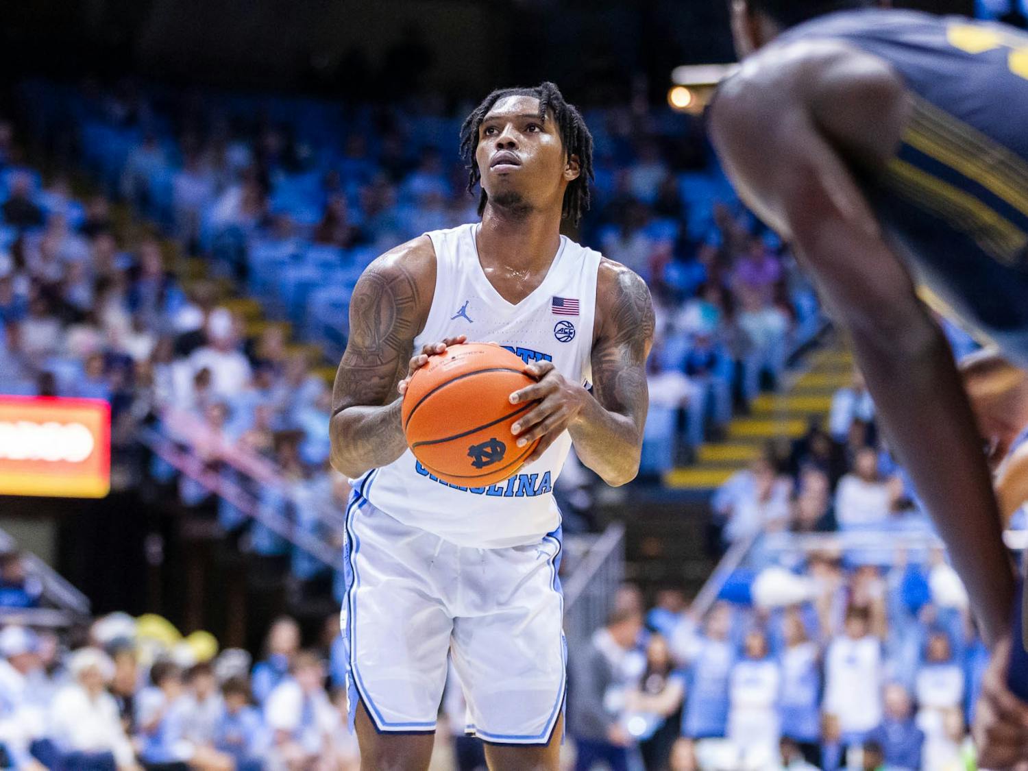 UNC junior guard Caleb Love (2) prepares to make a free throw during the exhibition game against JCSU at the Dean Smith Center on Friday, Oct. 28, 2022. UNC beat JCSU 101-40.