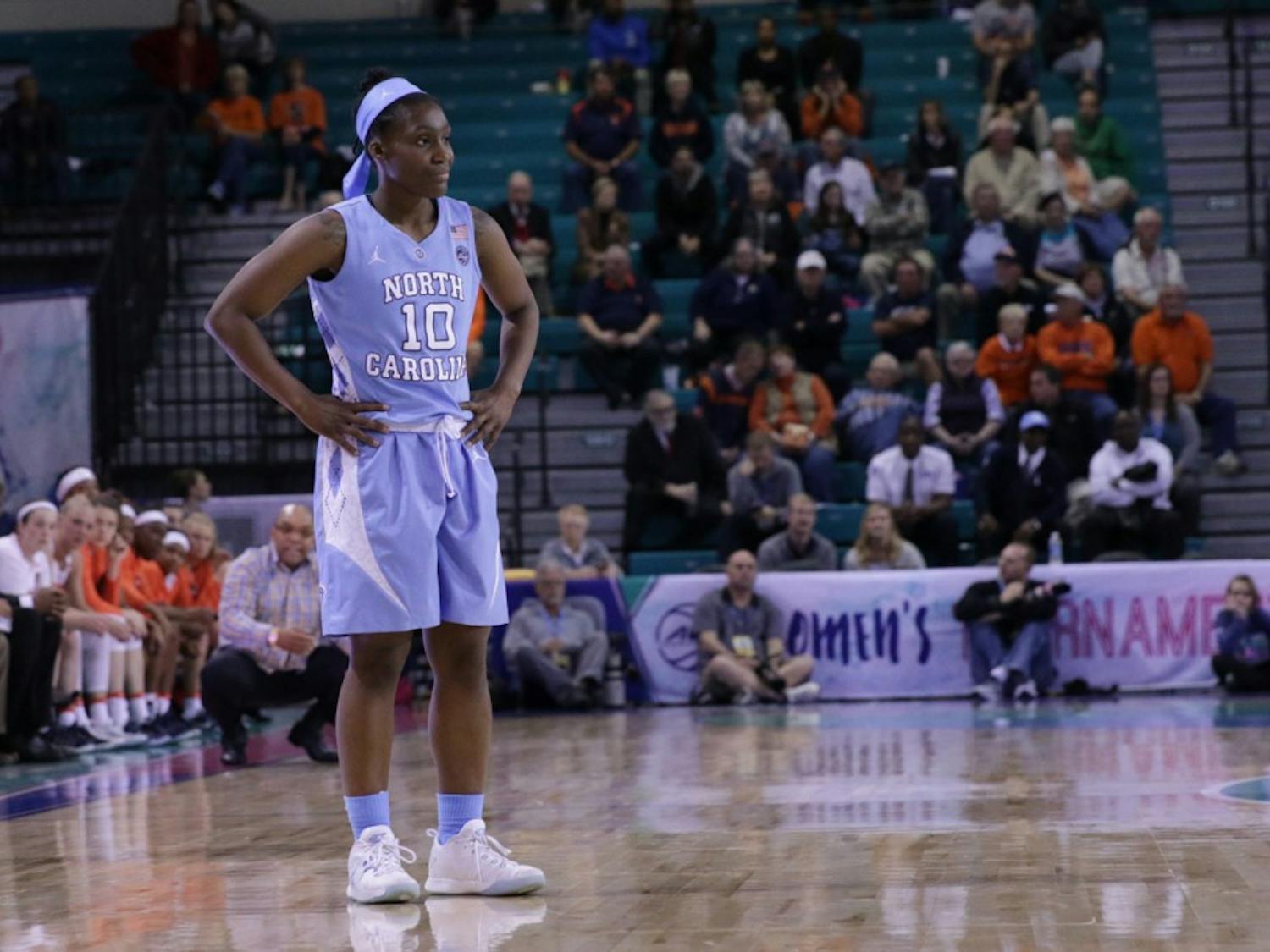 Guard Jamie Cherry (10) looks dejected during the Tar Heels' 83-64 loss against Syracuse on Thursday night.&nbsp;