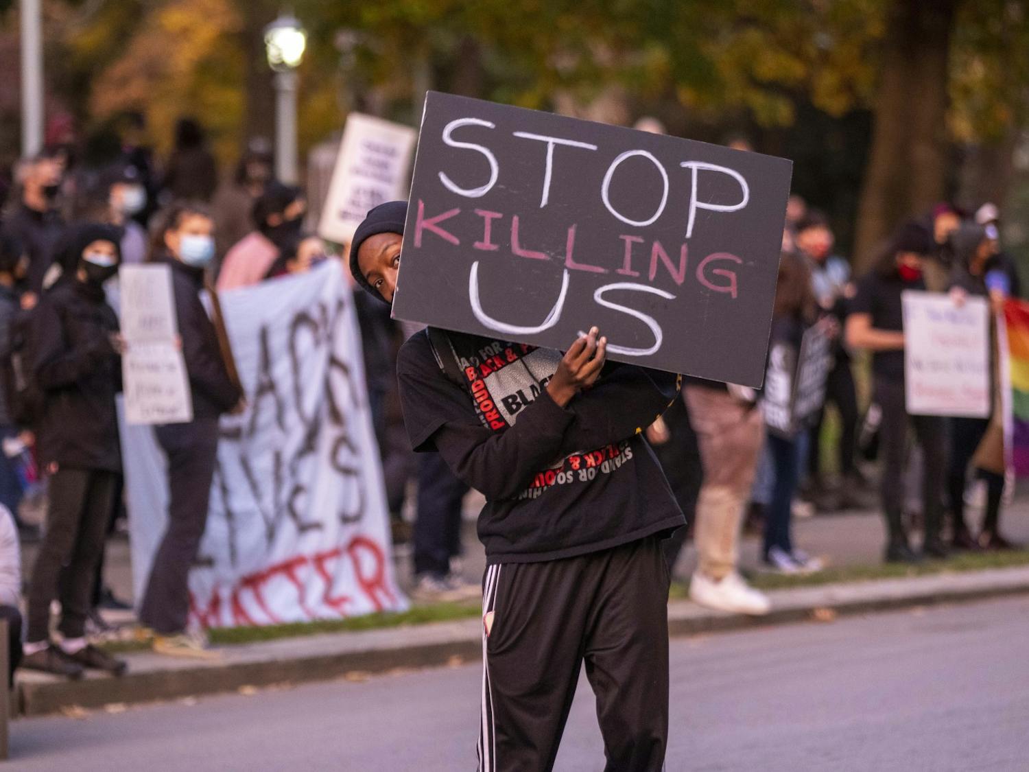 Several dozen demonstrators gathered at the State Capital along E. Morgan Street voicing their opposition to the verdict in the Kyle Rittenhouse case on Saturday, November 20, 201 in Raleigh, N.C. Photo courtesy of Robert Willett/The News & Observer.