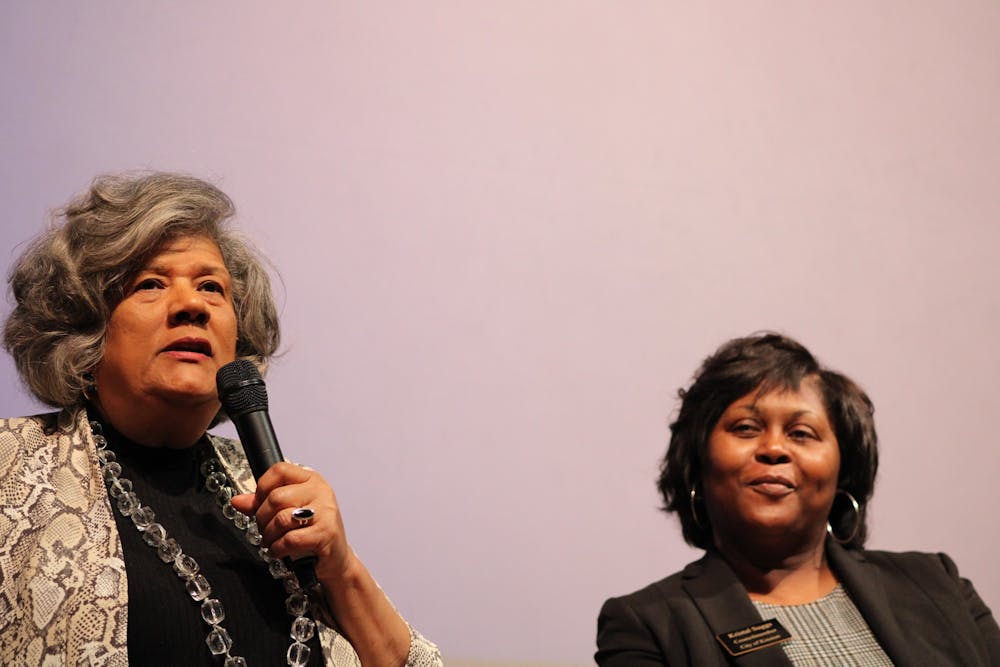 <p>Yvonne Holley (left) speaks on why she is running for Lieutenant Governor while Krystal Suggs (right) smiles during the Black Women Lead event held by the UNC Black Student Movement in the Stone Center on Monday, Feb. 10, 2020. The event focused on discussion with four black, female-identifying politicians and their platforms for the 2020 election.&nbsp;</p>