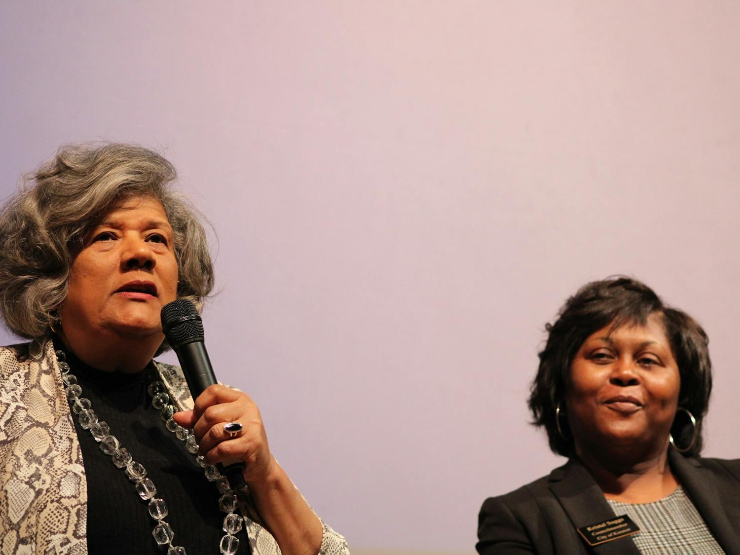 Yvonne Holley (left) speaks on why she is running for Lieutenant Governor while Krystal Suggs (right) smiles during the Black Women Lead event held by the UNC Black Student Movement in the Stone Center on Monday, Feb. 10, 2020. The event focused on discussion with four black, female-identifying politicians and their platforms for the 2020 election.&nbsp;