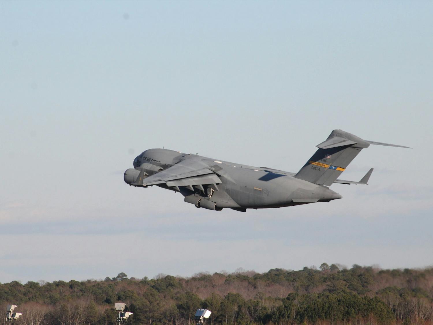 A US Air Force plane takes off at RDU on Jan. 29, 2022. 