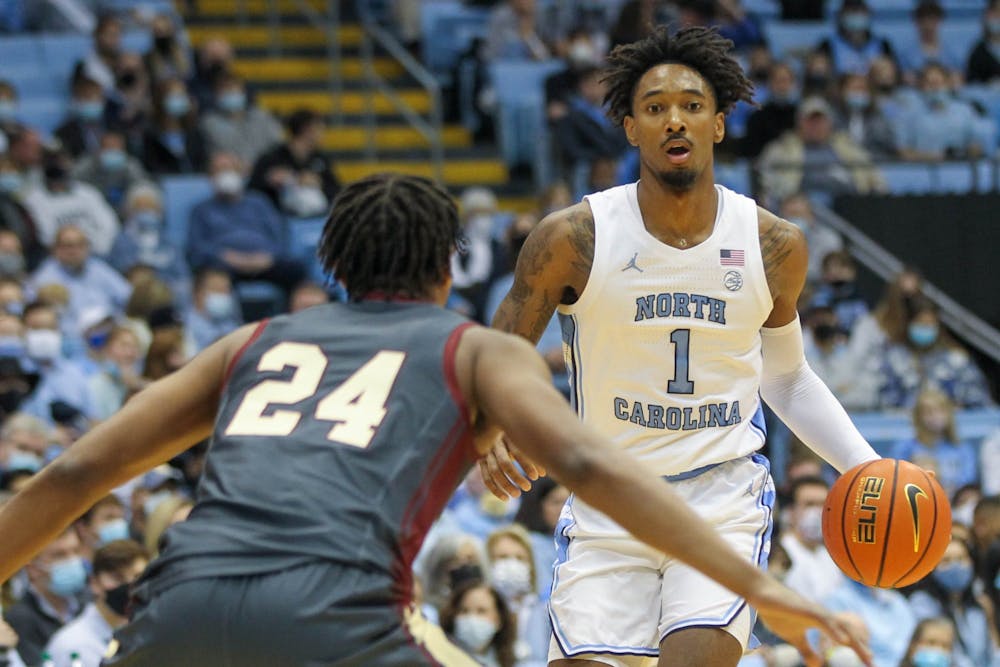 UNC junior forward Leaky Black (1) opens a possession during the game against Boston College Wednesday, Jan. 26, 2022, at the Dean Smith Center. UNC beat Boston College 58-47.