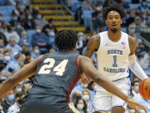 UNC junior forward Leaky Black (1) opens a possession during the game against Boston College Wednesday, Jan. 26, 2022, at the Dean Smith Center. UNC beat Boston College 58-47.