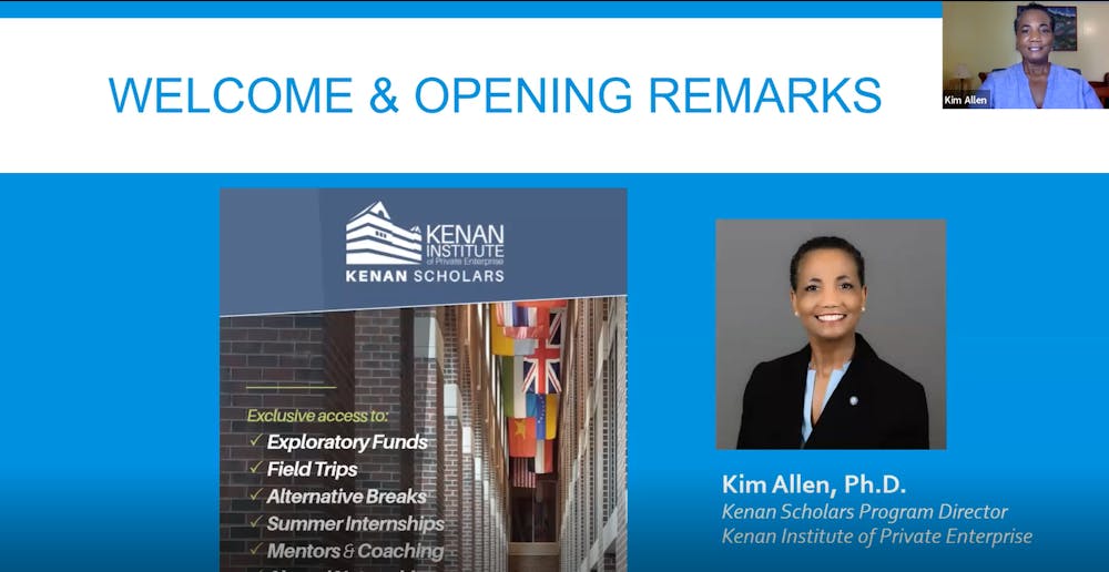 Dr. Kim Allen, Kenan Scholars Program Director, welcomes attendees to the inaugural Kenan Scholars Public Sector Showcase on Friday, Sept. 25, 2020.