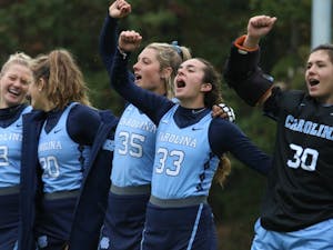 The Tar Heels celebrate after a 4-0 victory against the Stanford Cardinals on Friday Nov. 15, 2019 in Karen Shelton Stadium.