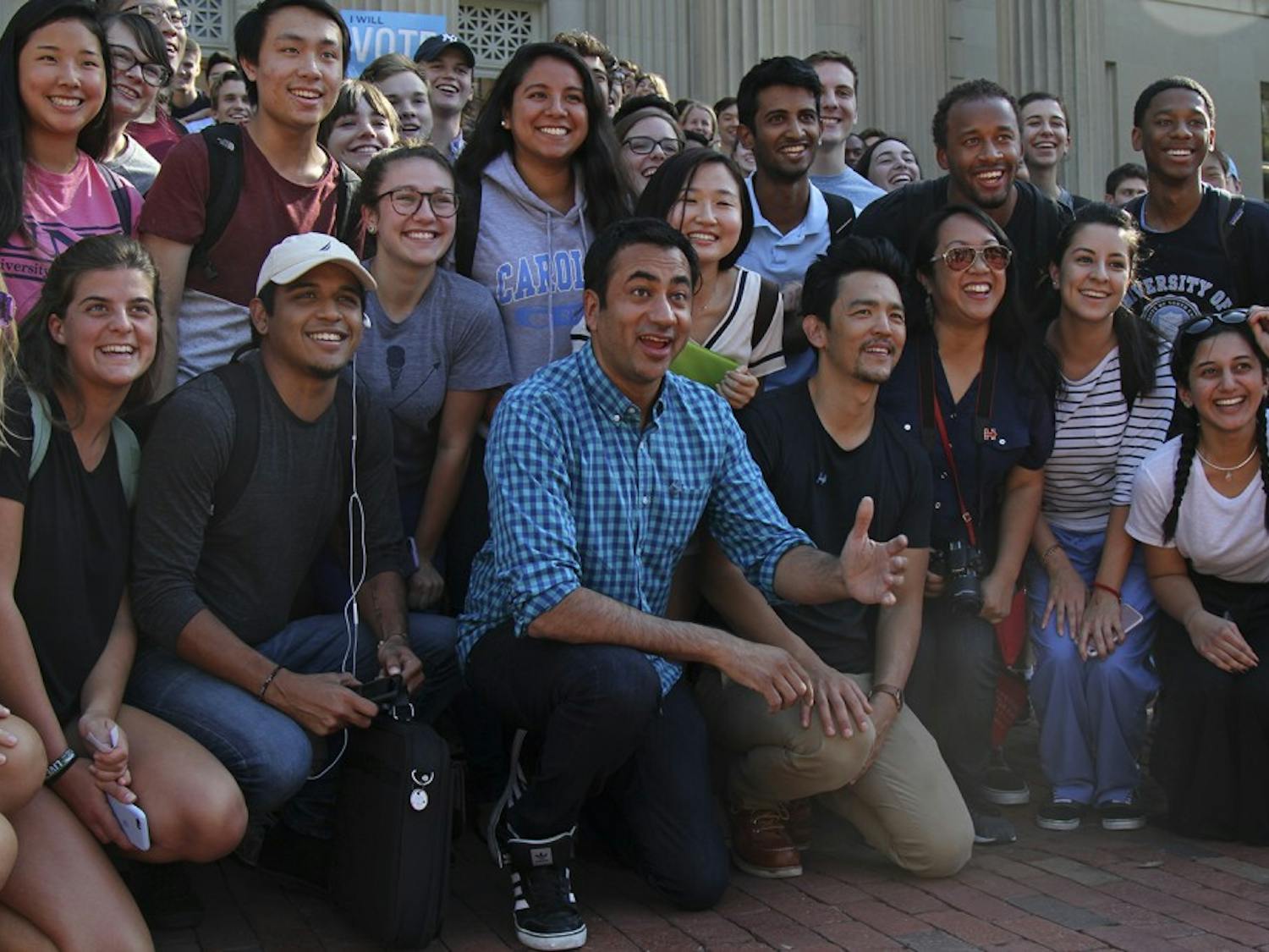 Kal Penn (left) and John Cho (right), the comedy duo from the Harold and Kumar movie series, visited UNC Tuesday to encourage early voting.