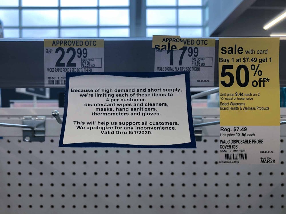<p>A sign hangs in the thermometer section at the Walgreens amid the coronavirus outbreak on 1670 Martin Luther King Jr Blvd., on Sunday, March 15, 2020.</p>