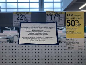 A sign hangs in the thermometer section at the Walgreens amid the coronavirus outbreak on 1670 Martin Luther King Jr Blvd., on Sunday, March 15, 2020.