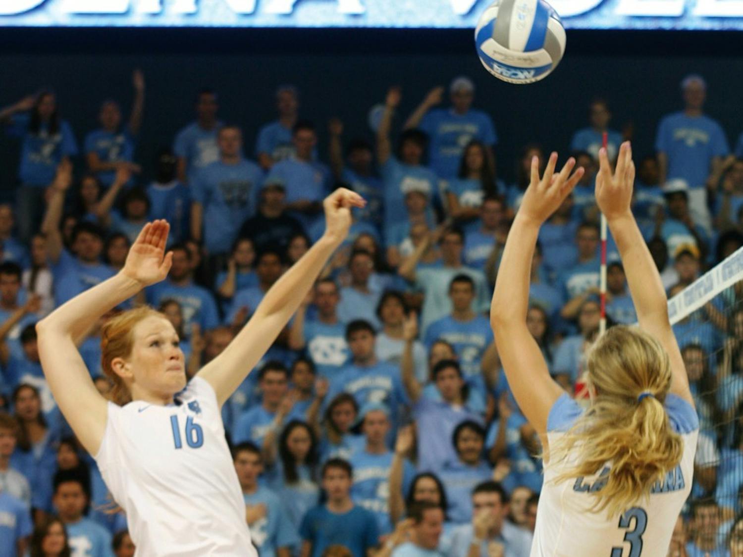 Senior middle hitter Christine Vaughen goes up for a kill against the Miami Hurricanes. Vaughen recorded five kills on seven attempts during the first set. The Tar Heels will face Wake Forest and Duke later this week. 