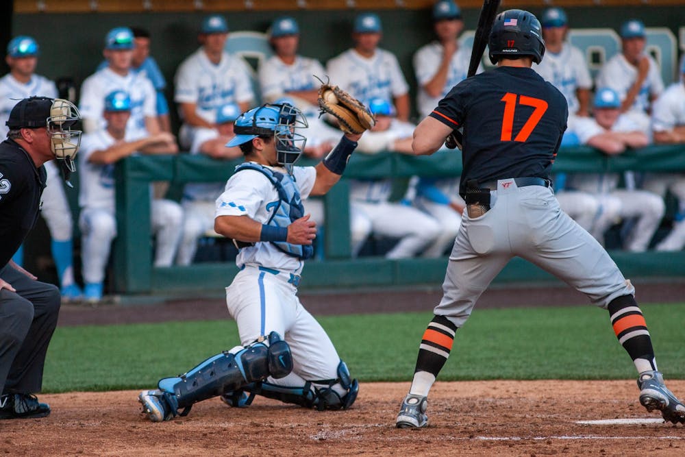 <p>UNC catcher Tomas Frick secures a strike ball during a home baseball game against Virginia Tech on Friday, April 1, 2022.&nbsp;</p>