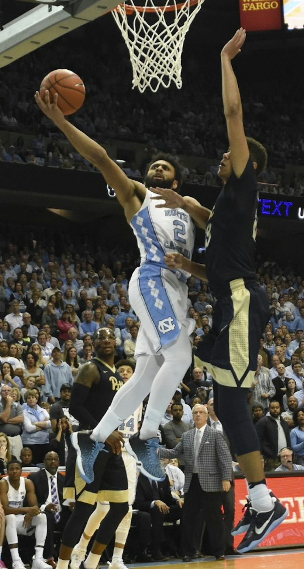 UNC guard Joel Berry (2) goes up for a contested layup in the final moments against Pittsburgh on Tuesday night.