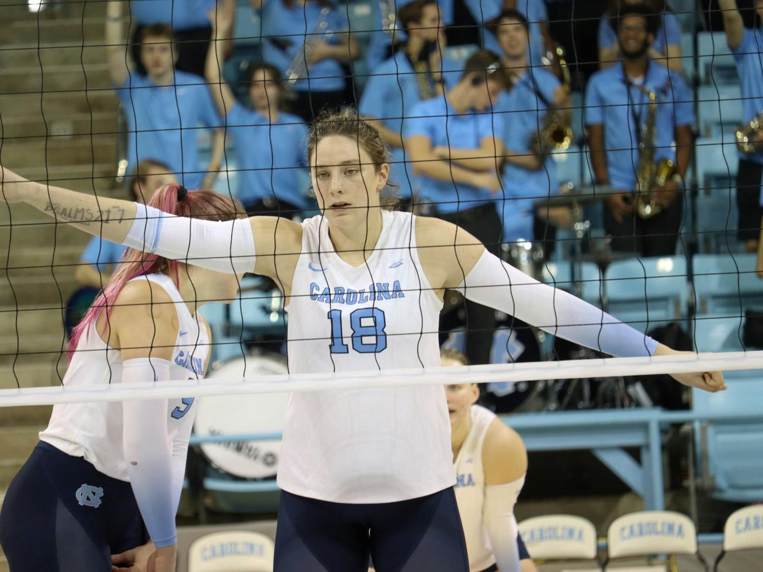 UNC freshman middle hitter Liv Mogridge (18) prepares for the next set during the volleyball match against Georgia Tech on Friday, Oct. 28, 2022 at Carmichael Arena. UNC lost 3-1.