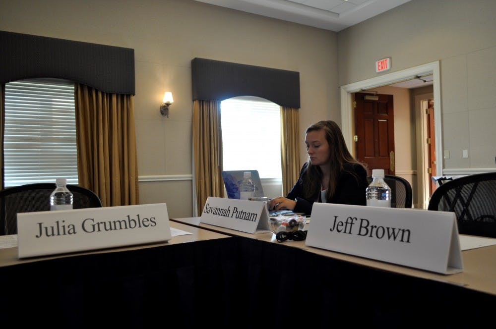 <p>Student Body President Savannah Putnam attends a special meeting of the Board of Trustees the morning of Aug. 28 at Paul J. Rizzo Conference Center.</p>