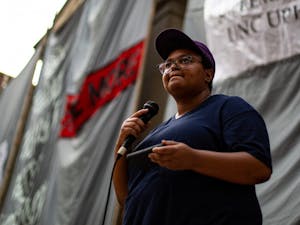 Maya Little speaks at the Peace and Justice Plaza on Monday, Aug. 21, 2018 against confederate monument Silent Sam. Maya had been previously arrested for her demonstrations against Silent Sam.&nbsp;