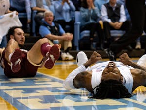 UNC junior guard Caleb Love (2) celebrates a foul during UNC's game against Boston College on Tuesday, Jan. 17, 2022. UNC won 72-64.