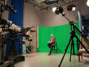 Frank Graff, a producer and reporter with UNC-TV, works on a weekly&nbsp;program called North Carolina Science Now.&nbsp;Photo courtesy of Frank Graff.&nbsp;