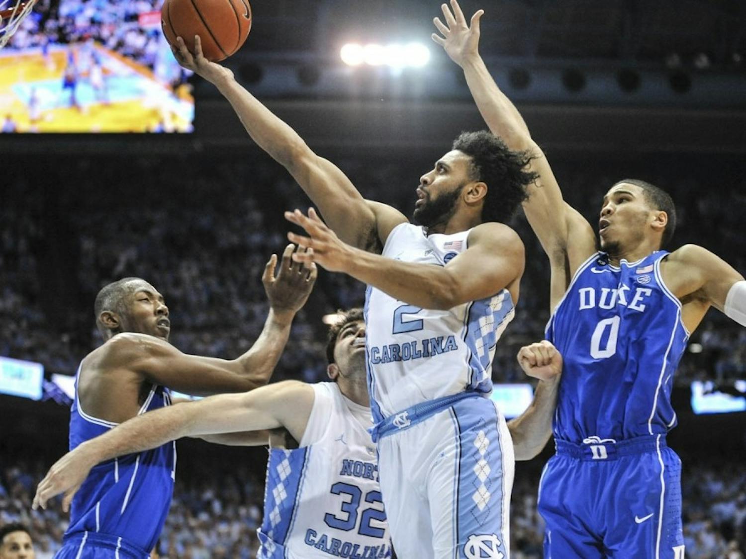 Guard Joel Berry II (2) goes up for a shot in No. 5 UNC’s 90-83 win over No. 17 Duke on March 4 in the Smith Center. Berry finished with a team-high 28 points and five made 3-pointers.