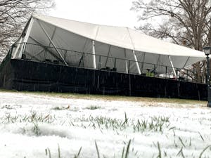 The large tent in the quad collapsed due to the weight of the snow that fell Sunday morning, Jan. 16, 2022. 