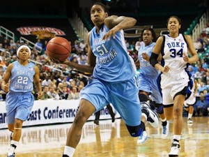 Jessica Breland drives to a lay up as the Tar Heels fell to Duke in the ACC title game. Breland finished with 27 points.
