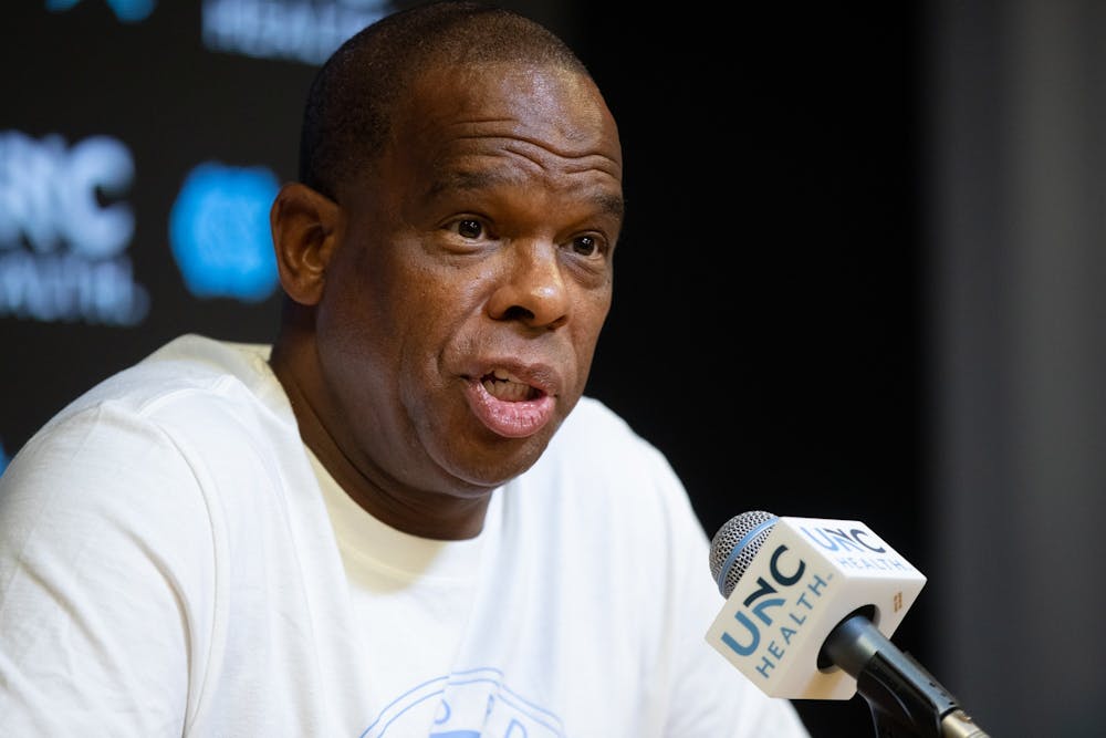 Hubert Davis speaks at a press conference on June 15, 2022 at the Smith Center.