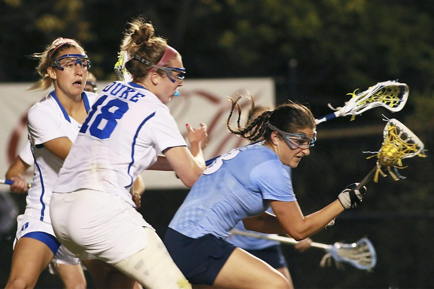 UNC attacker and midfielder Sammy Jo Tracy (13), a junior communications major from Bedford, N.Y., scored three goals against Duke on Friday night.
