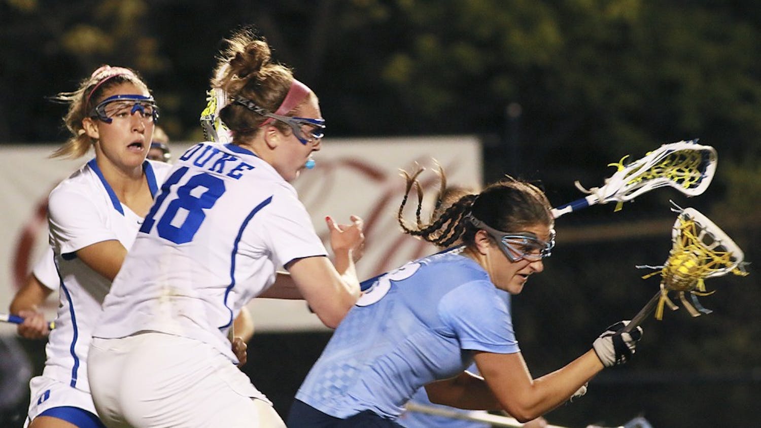 UNC attacker and midfielder Sammy Jo Tracy (13), a junior communications major from Bedford, N.Y., scored three goals against Duke on Friday night.