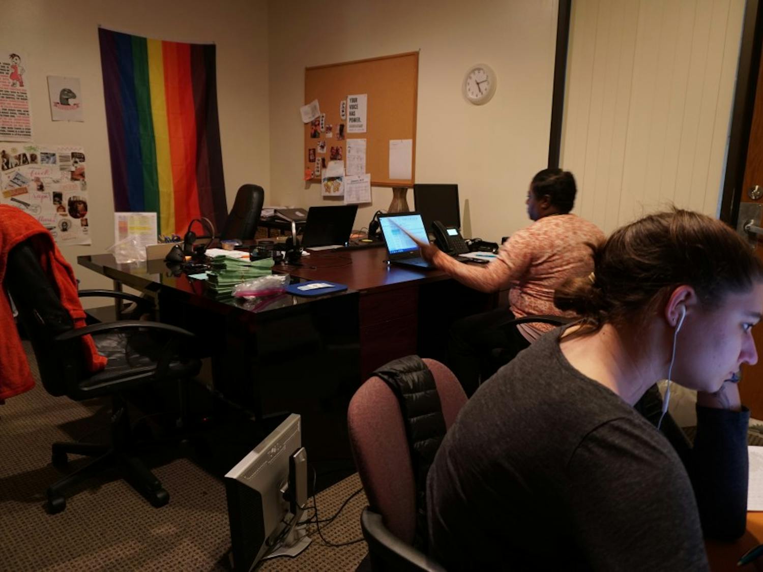 &nbsp;Tracy Miller, community education director, and Julia Reich, student volunteer, get work done at the Orange County Rape Crisis Center in Chapel Hill on Wednesday, Jan. 16, 2019.