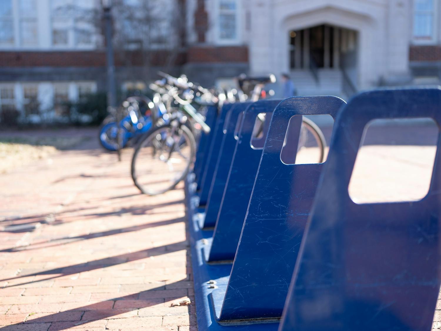 One of the bicycle racks where the Tar Heel Bikes are normally found is pictured in front of Peabody Hall on Tuesday, Jan. 26, 2023.