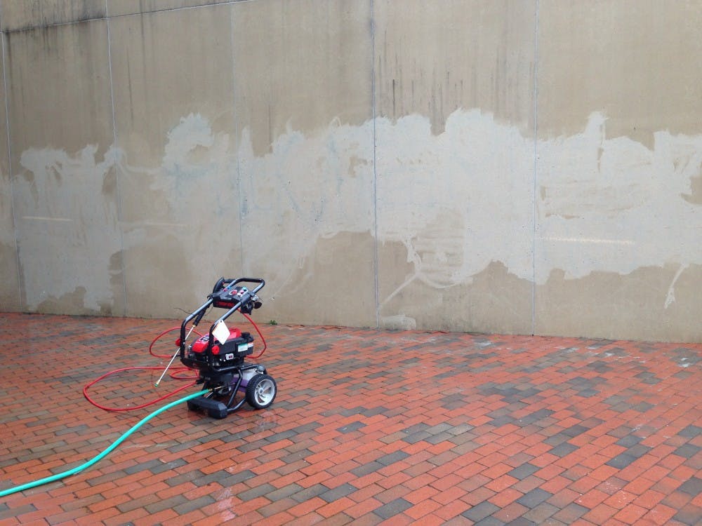	<p>The Duke graffiti on the back of the Student Union was washed away using a sandblaster Wednesday morning. </p>