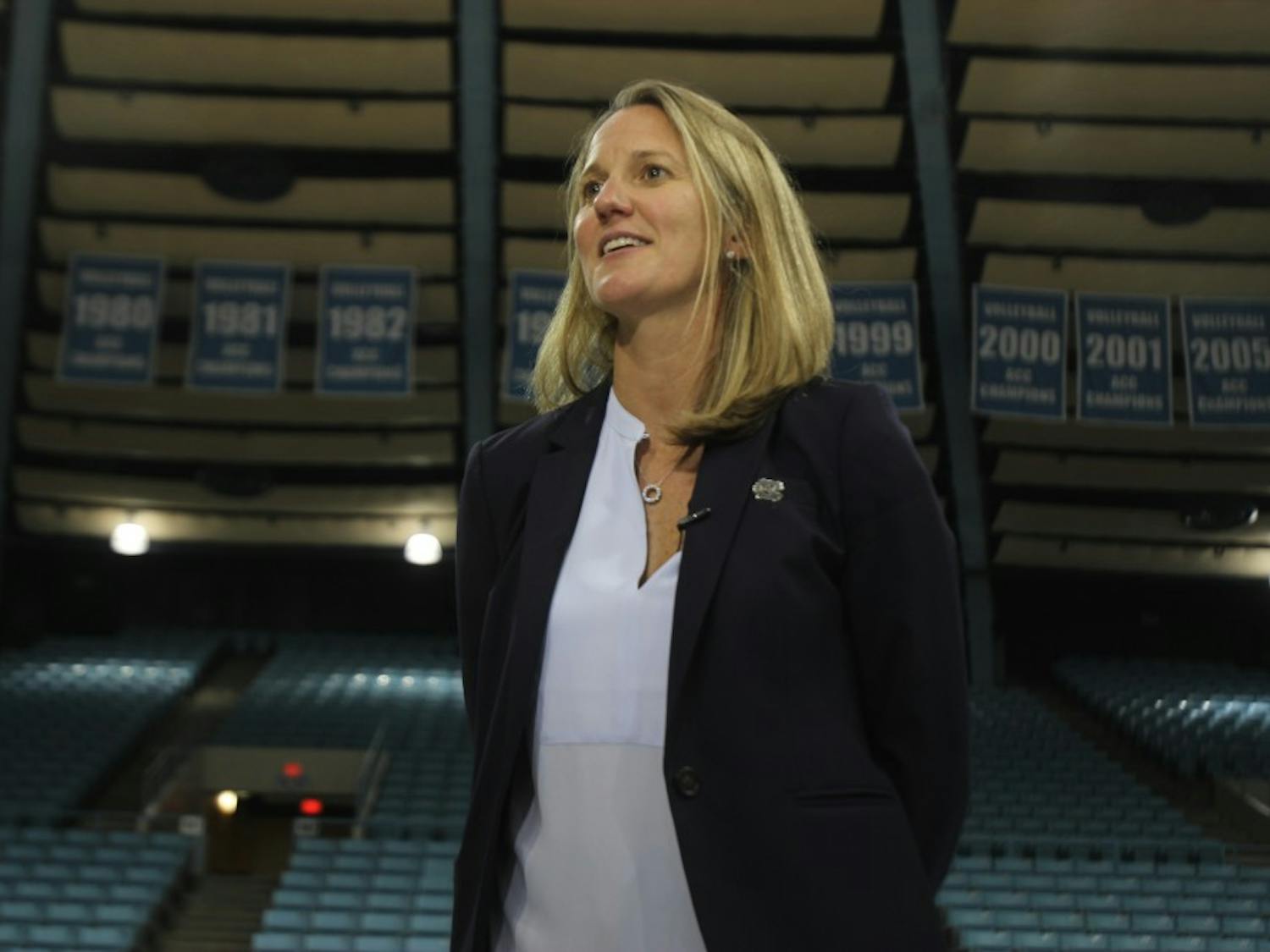 Courtney Banghart, the newly hired UNC women's basketball head coach, spoke at a small press conference in Carmichael Arena about her hopes for the program on May 1, 2019.