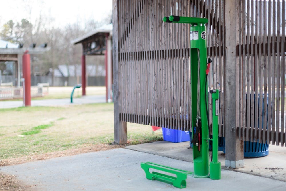 The new bike repair station stands in the Carrboro Town Commons.