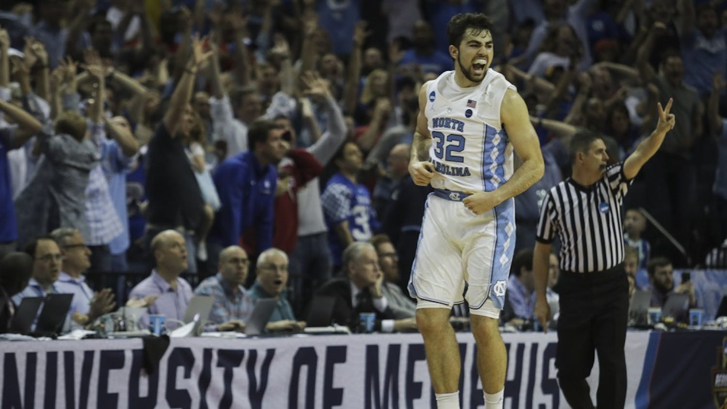 North Carolina forward Luke Maye (32) celebrates seconds after he hit the game winning shot in the NCAA Elite Eight game against Kentucky in Memphis on Sunday.