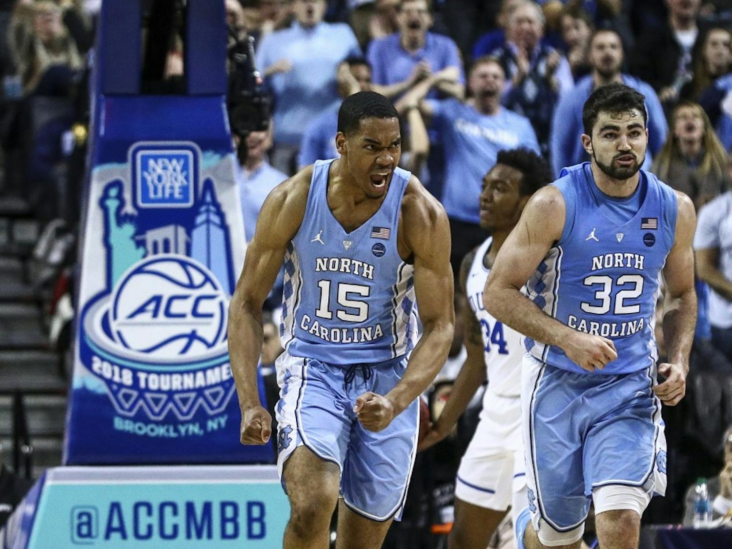 Garrison Brooks (15) jogs back on defense against Duke on March 9 in the ACC Tournament semifinals in Brooklyn. Photo courtesy of David Welker, theACC.com.