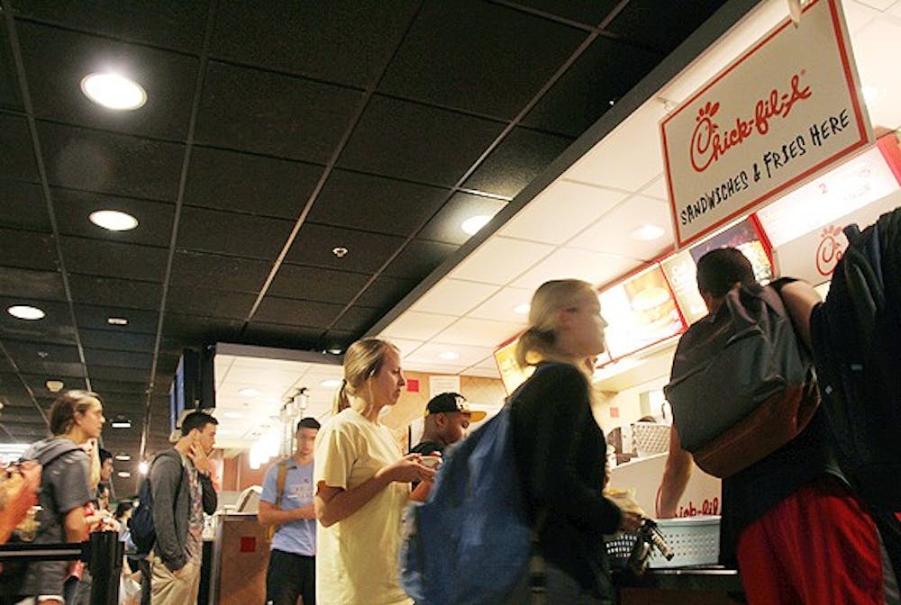 Customers line up for Chick-Fil-A during the lunchtime rush.