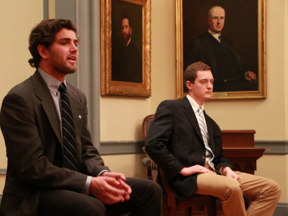 Wilson Sink (left) and John Taylor participate in a Student Body President debate hosted by Di Phi.&nbsp;