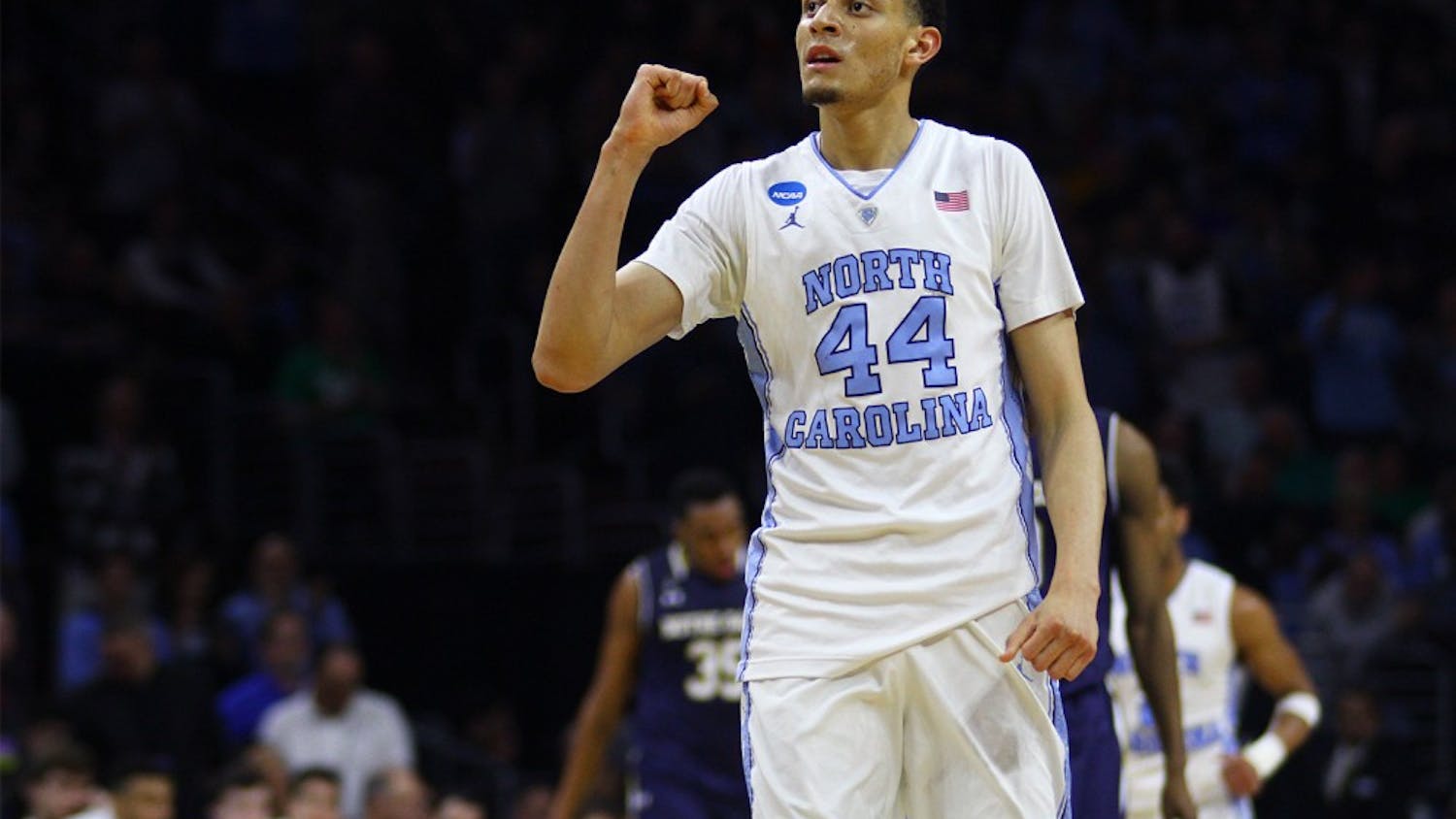 Sophomore Justin Jackson (44) celebrates after the Elite Eight game win&nbsp;against Notre Dame.