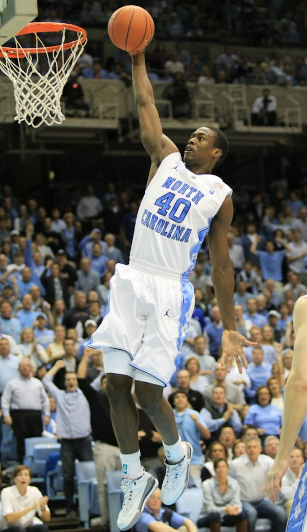 UNC’s Harrison Barnes goes up for a dunk in UNC’s 75-73 win against Kentucky. The preseason All-American finished the game with 12 points.
