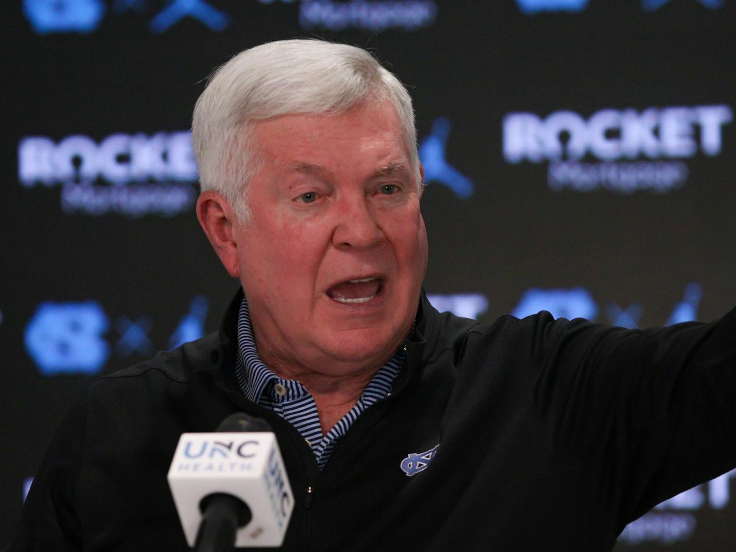 UNC football head coach Mack Brown speaks at a press conference held at Kenan Stadium on Wednesday, June 22, 2022.