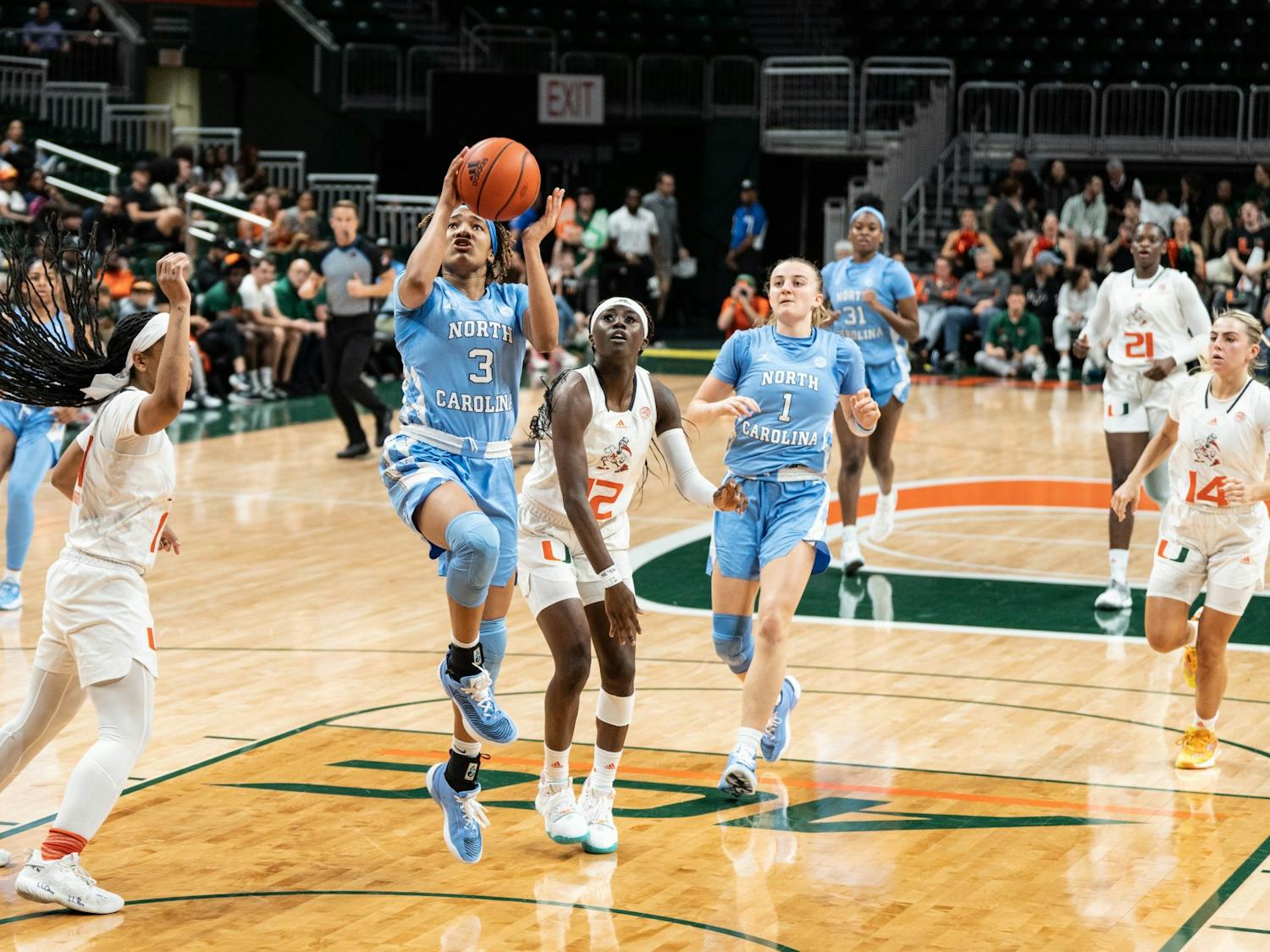 UNC junior wing Kennedy Todd-Williams (3) shoots a layup in North Carolina's game at Miami on Thursday, Jan. 5, 2023. UNC fell to the Hurricanes, 62-58. Photo courtesy of UNC Athletic Communications.
