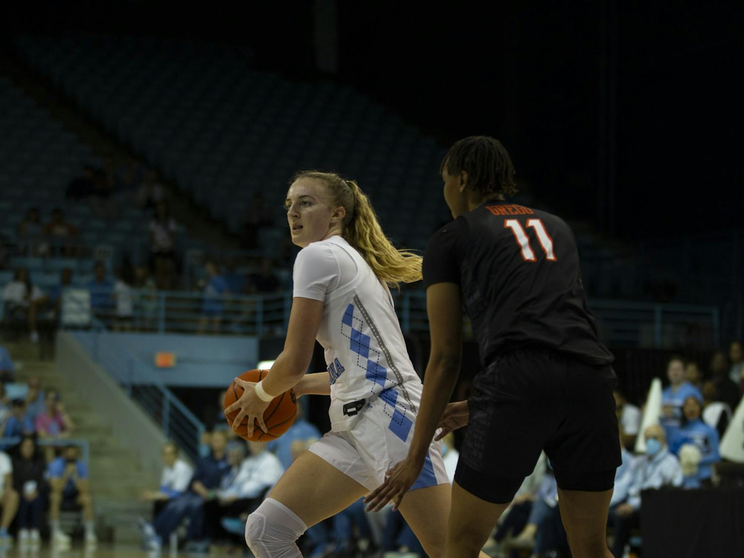 Junior forward/guard Alyssa Ustby (1) looks to pass the ball during the womens basketball game against Virginia Tech on Thursday, Feb. 23, 2023 at Carmichael Arena.
