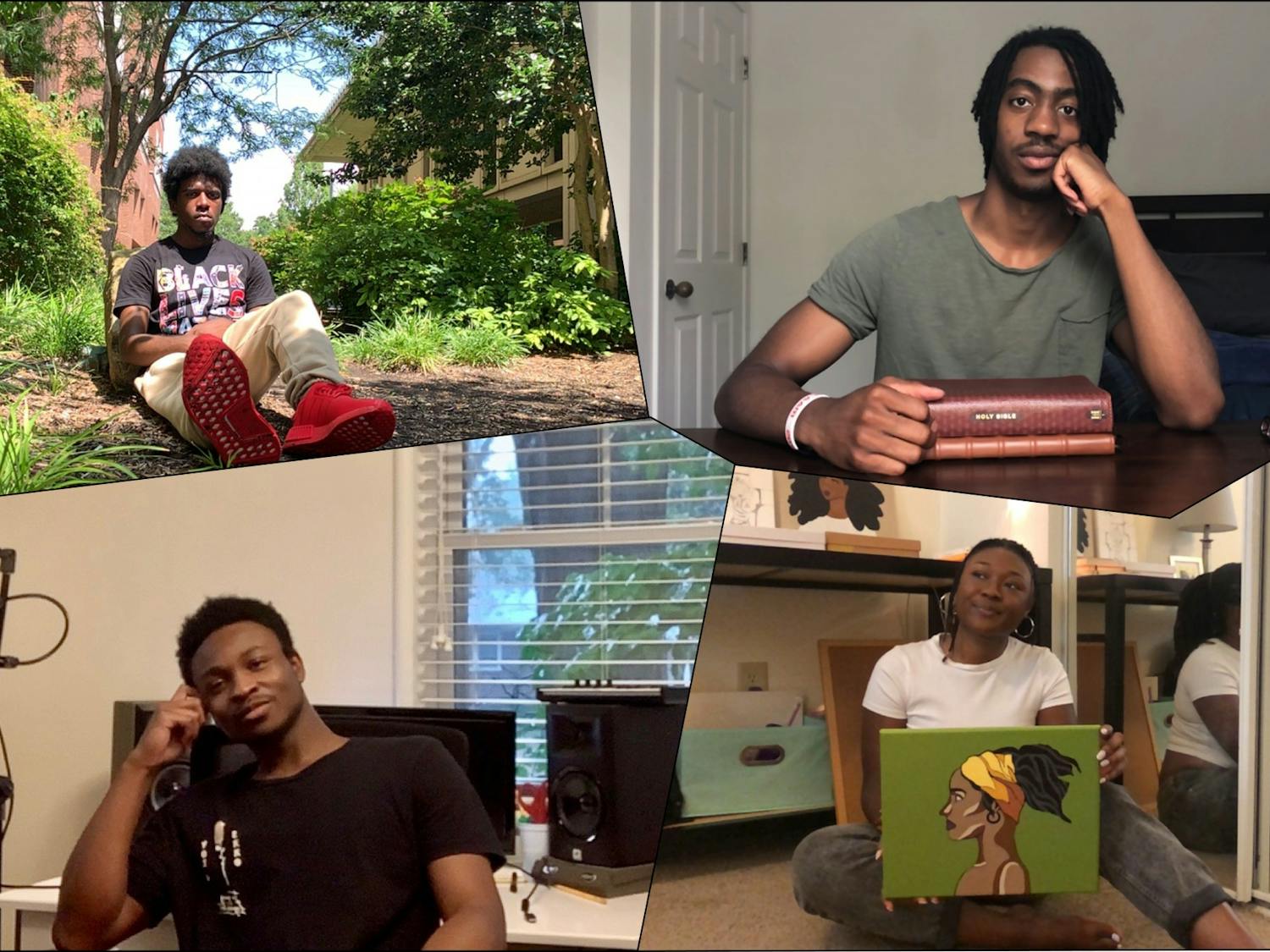 (top left to right, bottom left to right) UNC junior Justis Malker, senior Nick Hylton, senior Adam Dixon, and senior Kierrah Glover pose for virtual FaceTime portraits. All are local artists who have been using the past few months to create art inspired by the Black Lives Matter movement.