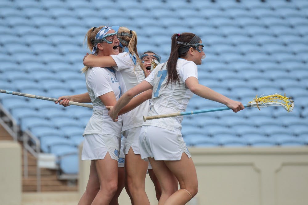 No. 8 UNC women's lacrosse celebrates a goal against no. 1 Maryland on Saturday, Feb. 24.