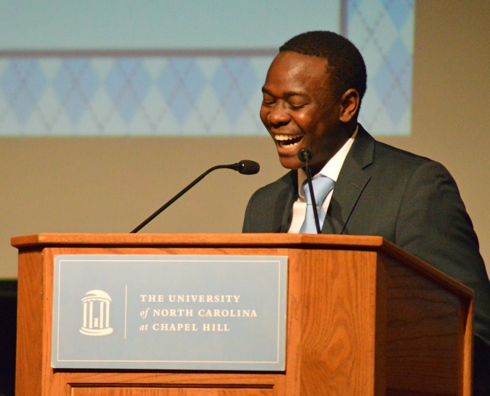 UNC Student Body President Bradley Opere gives his inaugural address on Tuesday, April 5th minutes after he is officially sworn in.