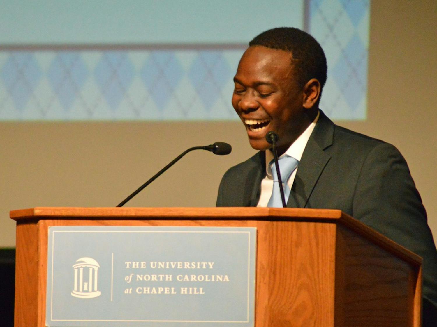 UNC Student Body President Bradley Opere gives his inaugural address on Tuesday, April 5th minutes after he is officially sworn in.